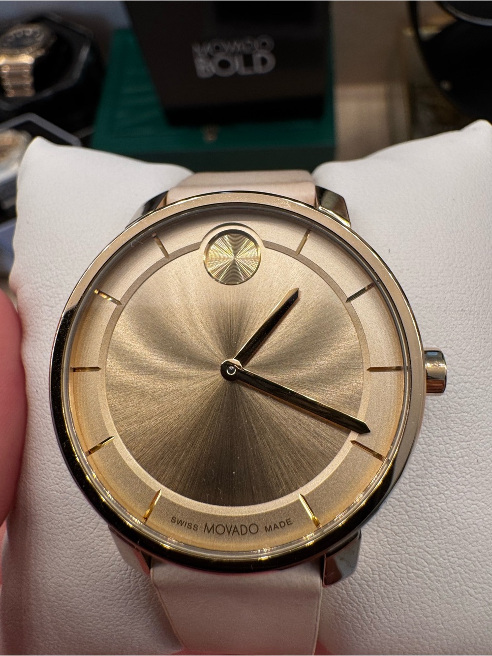Movado Gold-Tone Dial Minimalist Women's Watch with Light Leather Strap